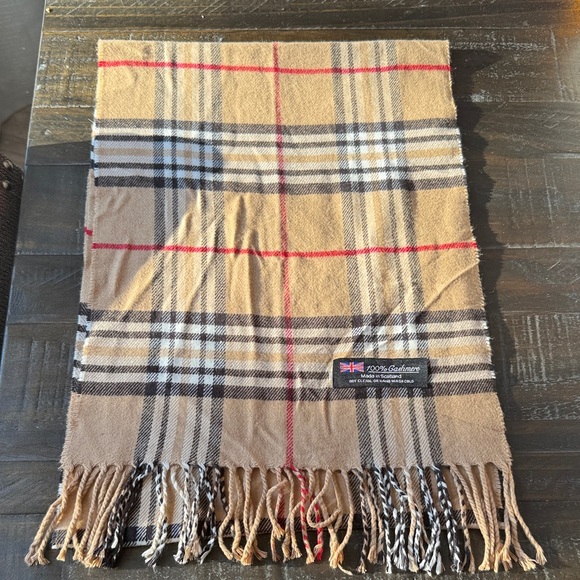 Undefined Accessories - Tan Burberry like print 100% Cashmere Plaid Scarf with Fringe